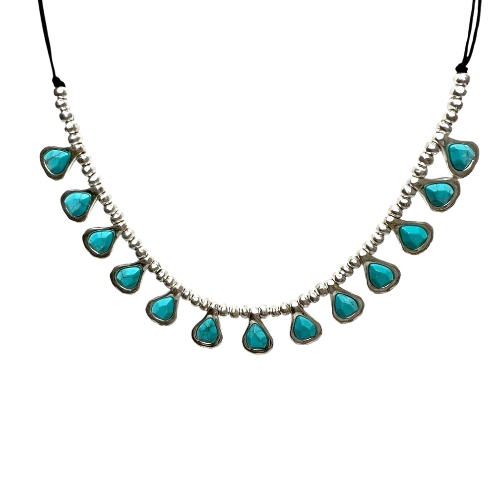 Bella Uno Signed Necklace Faux Turquoise Teardrop Silver Tone Ball Bead Chain